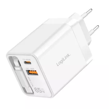 LogiLink USB-A/C lādētājs 65 W GaN 3 porti balts ar USB-C kabeli