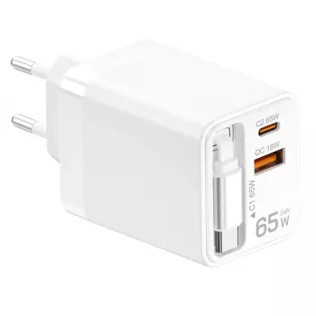 LogiLink USB-A/C lādētājs 65 W GaN 3 porti balts ar USB-C kabeli