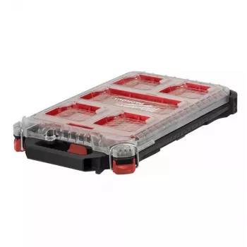 Milwaukee PACKOUT Slim Organizer Medium 8277387 - IP65 ūdens un putekļu izturīgs, 10 izņemami nodalījumi, caurspīdīgs polikarbonāta vāks, metāla pastiprinātas slēdzenes, sarkans/melns