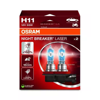 OSRAM NIGHT BREAKER LASER H11 Halogēna spuldžu komplekts (2 gab.) 12V 55W PGJ19-2, līdz 150% spožāka, 150m garāks stars, 3900K