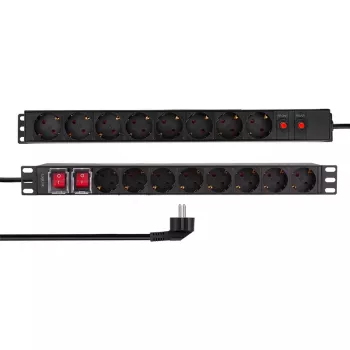 LogiLink PDU1601 19 collu 1U plaukta strāvas sadales bloks, 16 Schuko kontaktligzdas, pārsprieguma aizsardzība, 16A, 2m kabelis, melns