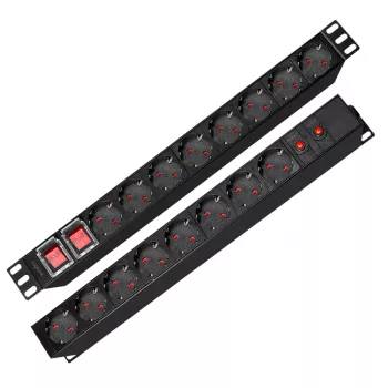 LogiLink PDU1601 19 collu 1U plaukta strāvas sadales bloks, 16 Schuko kontaktligzdas, pārsprieguma aizsardzība, 16A, 2m kabelis, melns