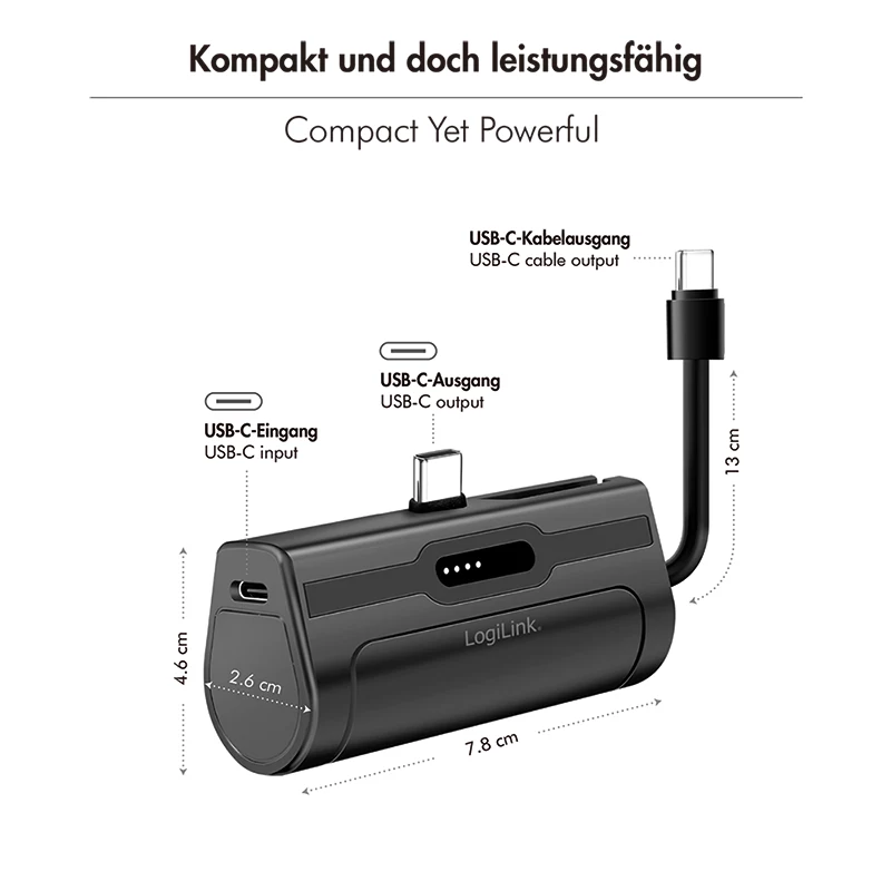 LogiLink Mobile Power Bank, LiPo, 4500 mAh, iebūvēts USB-C spraudnis, melns