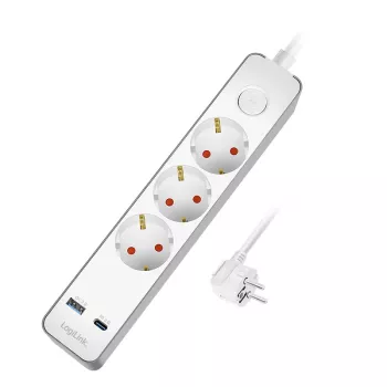 LogiLink LPS287U pagarinātājs ar 3 drošības kontaktligzdām, USB-A un USB-C PD 20W, slēdzi, 1.5m vadu, balts