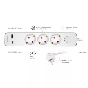 LogiLink LPS287U pagarinātājs ar 3 drošības kontaktligzdām, USB-A un USB-C PD 20W, slēdzi, 1.5m vadu, balts