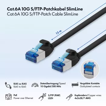 LogiLink Cat.6A Slim S/FTP LSZH Patch Cable, melns, 15 m, SlimLine