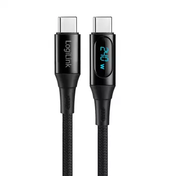 LogiLink USB 2.0 Type-C kabelis ar jaudas displeju, C/M līdz C/M, 480 Mbps, 240W PD 3.1, neilona pīts, melns, 1 m