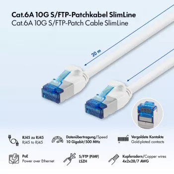 LogiLink Cat.6A Slim S/FTP LSZH Patch Cable, balts, 20 m