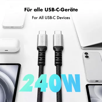 LogiLink USB 2.0 Type-C kabelis, C/M līdz C/M, 480 Mbps, 240W, neilons, metāls, melns/sudrabs, 0,5 m