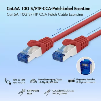 LogiLink Cat.6A S/FTP LSZH Patch vads, 5 m, sarkans, EconLine