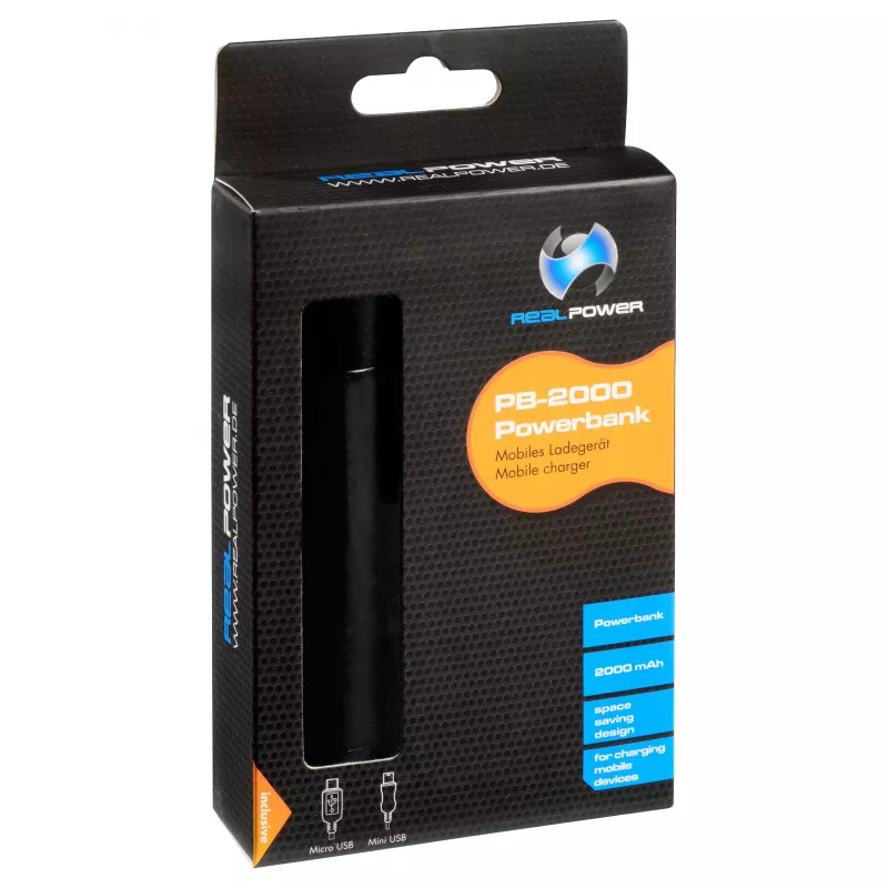 RealPower PB2000 mAh Alumīnija Power Bank, Melns