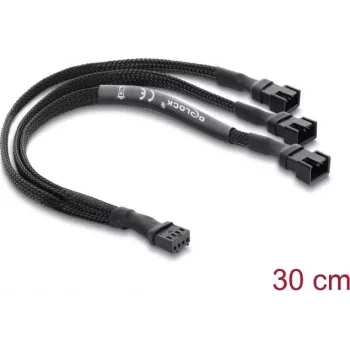 Delock ventilatora sadalītāja kabelis 1 x 4-Pin PWM Female uz 2 x 4-Pin PWM Male (otrais ar 3 vadiem) pīts apvalks 30 cm melns