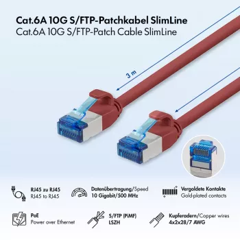 LogiLink SlimLine Cat.6A S/FTP LSZH Patch vads, sarkans, 3m, 10Gbps