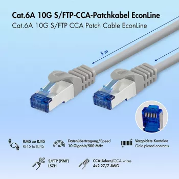 LogiLink Cat.6A CCA S/FTP LSZH Patch vads, pelēks, 5 m, EconLine