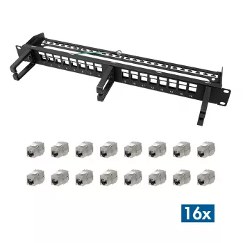 LOGILINK Modular 16-port Cat.6A Keystone Patch Panel, 19/1U, ar 3 kabeļu gredzeniem, melns
