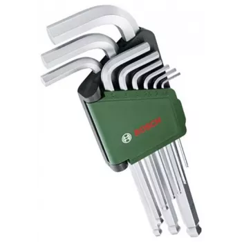BOSCH 9 daļu sešstūra atslēgu komplekts ar krāsu kodētām L-veida atslēgām, lodveida galu un noturēšanas funkciju, metrisks 1,5-10 mm, BlackLaser apdare, klipšu turētājs