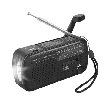 LogiLink Dynamo ar saules paneli, AM/FM, USB-C uzlādi, LED lukturīti, SOS trauksmi un power bank, Melns