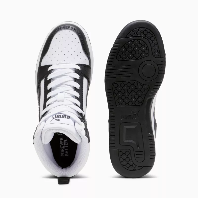 Puma Rebound V6 Mid bērnu kedas balti melnas 393831 01 38. izmērs