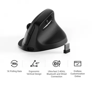 Keychron M5-A29 Vertical PixArt 3311 1K Melns ergonomiska bezvadu spēļu pele