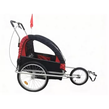 Bērnu velopiekabe BT002 – 2-vietīga, tērauda rāmis, 5-punktu drošības jostas, 20 inch pneimatiskie riteņi, lietus un kukaiņu pārsegs, melna/sarkana