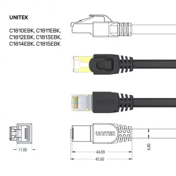 UNITEK Cat.7 S/FTP 2,0 m Ethernet vada gabals, 10Gbps, 600MHz, zeltīti RJ45, melns