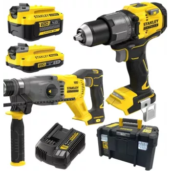 STANLEY V20 18V bezvadu kombinētais urbjmašīnas un triecienskrūvgrieža komplekts ar 4.0Ah un 2.0Ah akumulatoriem