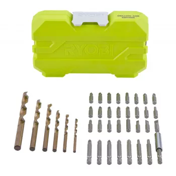Ryobi RAK38SDD 38 gabalu urbjkomplekts ar 24 x 25mm skrūvgriežu uzgaļiem, HSS un mūra urbjiem, uzgriežņu atslēgām, magnētisko turētāju un maciņu