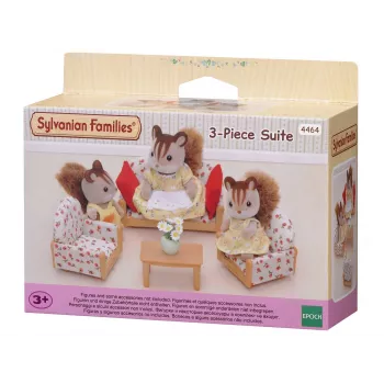 EPOCH Sylvanian Families Trīsdaļīga sēdvietu grupa - dzīvojamās istabas mēbeļu komplekts ar dīvānu, atzveltnes krēsliem, galdiņu un spilveniem