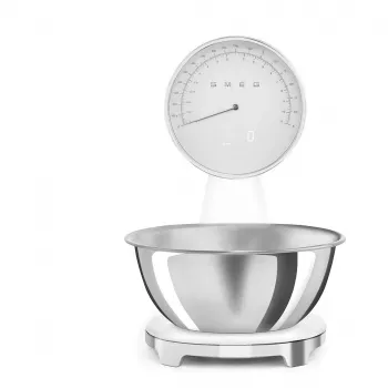 Smeg KSF01WHWW 50. gadu stila mehāniskie virtuves svari ar nerūsējošā tērauda bļodu, 5 kg ietilpība, balta