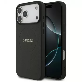 Guess Grained Gold Ring MagSafe maciņš Apple iPhone 18 Pro Max / 17 Pro Max, melns