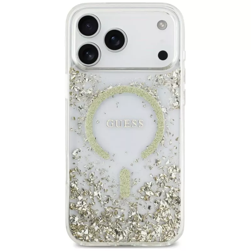 Guess Resin Bottom Glitter MagSafe Maciņš iPhone 18 Pro Max / 17 Pro Max, Zelts