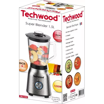 Techwood TBLI-1250 Galda blenderis 1200 W 1,5 L stikla trauks Melns/Sudrabs