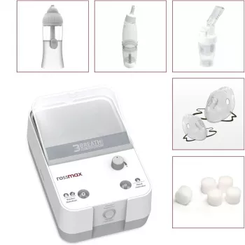 Rossmax NK1000 3-in-1 kompresijas nebulizators ar deguna skalošanas un aspirācijas funkcijām, 2,5 μm daļiņu izmērs, >80% smalko daļiņu deva, 0,35 ml/min izsmidzināšanas ātrums, 5 ml medikamentu tvertne, 10 ml deguna skalošanas tvertne, <60 dB troksnis, ne