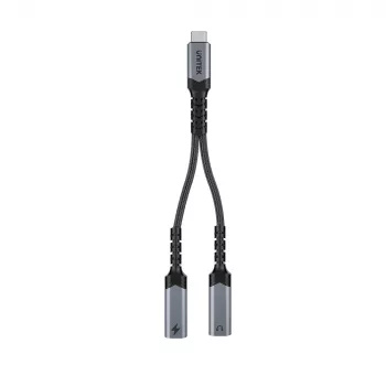 Unitek USB-C Audio un uzlādes adapteris ar 60W Power Delivery, 15 cm, Space Grey
