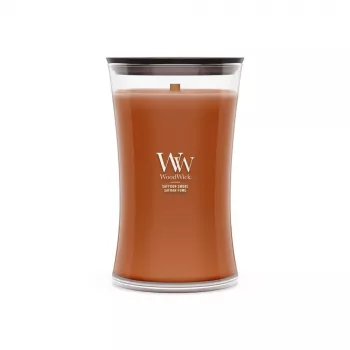 WoodWick Saffron Smoke Lielā smilšu pulksteņa formas svece 609.5g