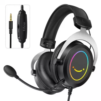 FIFINE H3 AmpliGame RGB vadu spēļu austiņas ar noņemamu mikrofonu, 50mm draiveri, USB-A, melna