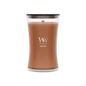 WoodWick Radiant Amber 609.5g aromātiskā svece ar koka dakts, līdz 180 stundām degšanas laika, smilšu pulksteņa stikla trauks