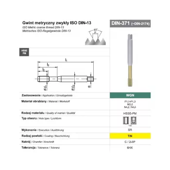 Vītņu formēšanas metāla vītņurbis M10 DIN 371C (6HX) SR HSSE-PM WGN TiN