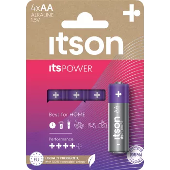 ITSON LR6IPO/4CP sārma AA baterijas, 4 iepakojums, 1,5 V, ilgs glabāšanas laiks