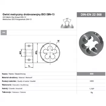 Apaļā die M16x1 DIN-22568 (6g) HSS 800
