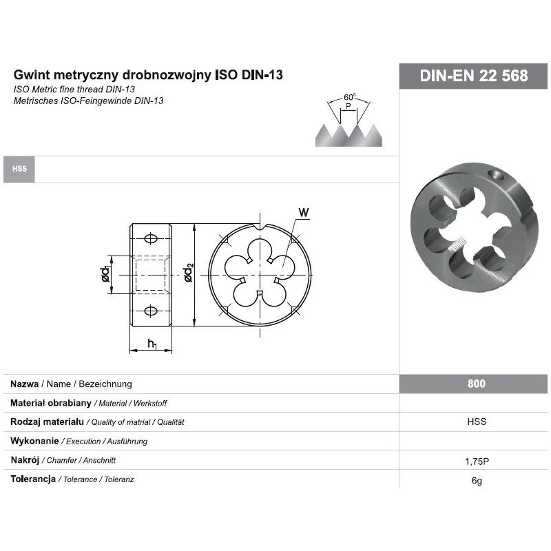 Apaļā die M16x1 DIN-22568 (6g) HSS 800