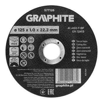 GRAPHITE 125 x 1.0 x 22.2 mm Corunda griešanas disks metālam un nerūsējošajam tēraudam, 41 A60-T-BF, 110 gab. kartons