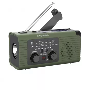 KM0836 Saules avārijas radio ar SOS trauksmi, 5000mAh power bank, LED lukturīti un rokas dinamovienību, FM/AM, melns