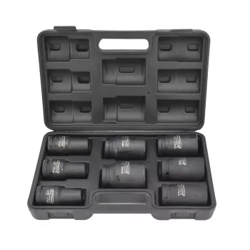 AWTOOLS AW38855 3/4 collu dziļo triecienuzgriežņu atslēgu komplekts, 8 gab., metriskās, 24-41mm, Cr-Mo, 6 punktu, garais garums, melnais fosfāts, DIN 3121, putuplasta kastē