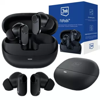 3mk FitPods BT 6.0 True Wireless Stereo austiņas ar uzlādes futrāli, Bluetooth 5.0, skārienvadība, IPX4, melna