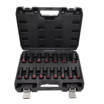 AWTOOLS 16 daļu 1/2 collas piedziņas garo triecienuzgriežņu atslēgu komplekts, 10-32 mm, Cr-Mo, melnais fosfāts, ar kasti - Black Line