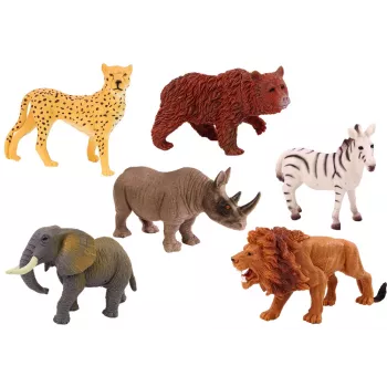LEAN TOYS Savvaļas dzīvnieku figūriņu komplekts 6 gab. - zilonis, lauva, degunradzis, tīģeris, zebra, žirafe