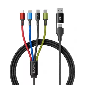 Accura 8-in-1 daudzfunkciju lādēšanas kabelis USB-A/USB-C uz 2x USB-C, Lightning, Micro USB, 3.0A, 1.2m, melns