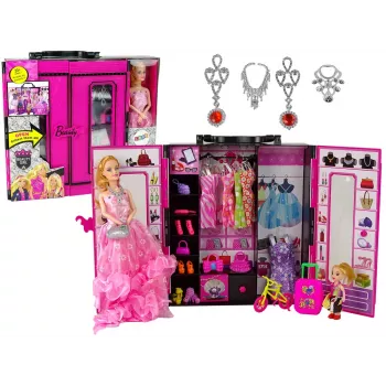 LEAN TOYS 13093 Leļļu drēbju skapis un ģērbtuve ar lelli un skaistumkopšanas čemodānu