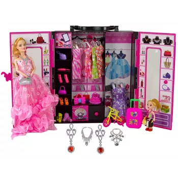 LEAN TOYS 13093 Leļļu drēbju skapis un ģērbtuve ar lelli un skaistumkopšanas čemodānu